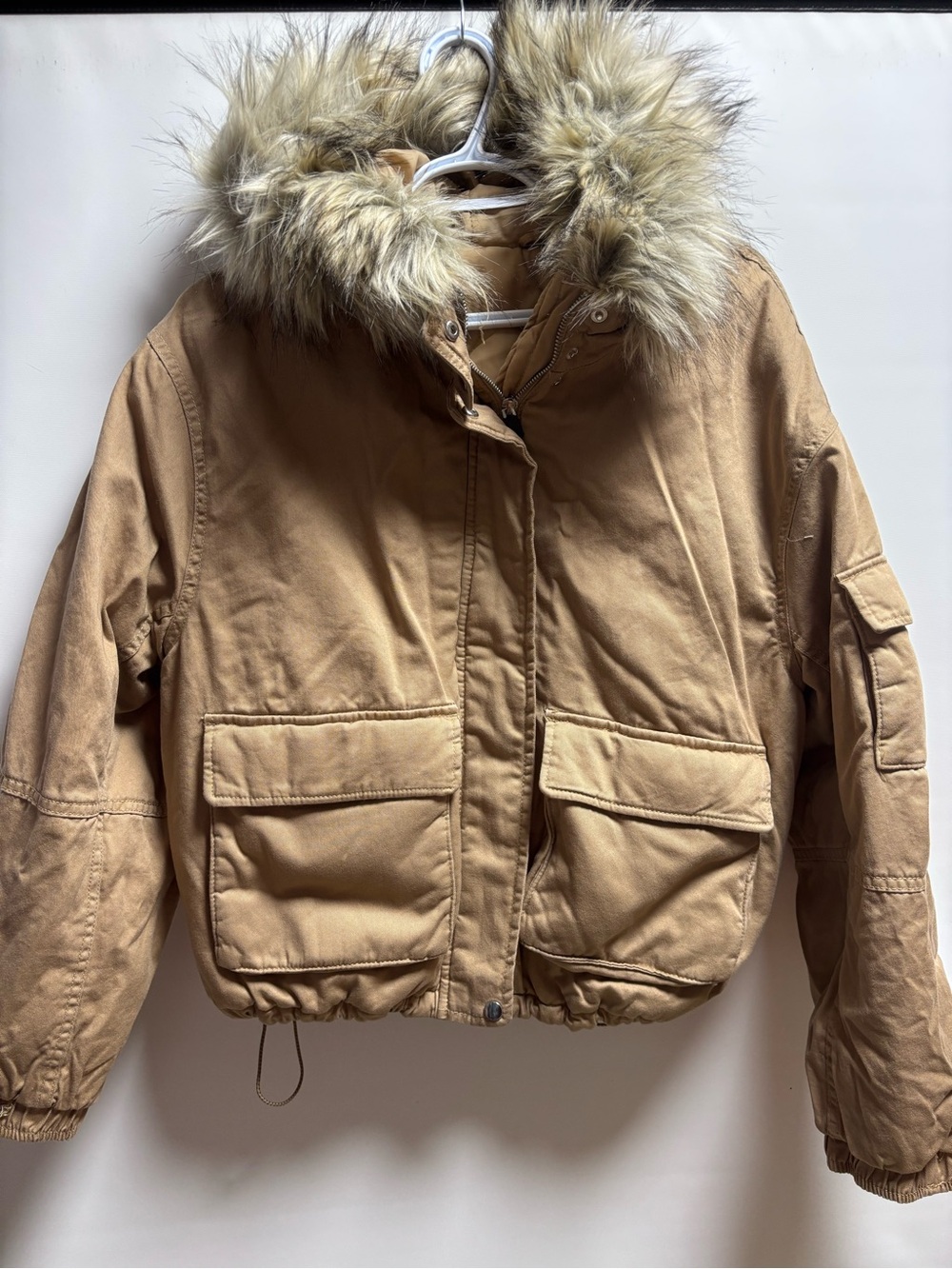 Dynamite Tan Faux-Fur Hooded Bomber Jacket